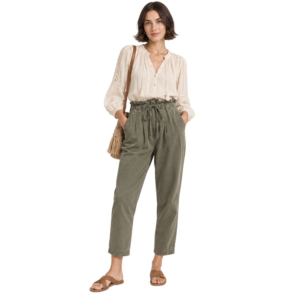 Free People Margate Pleated Paperbag Pants XS Olive Green Tie Waist Utility